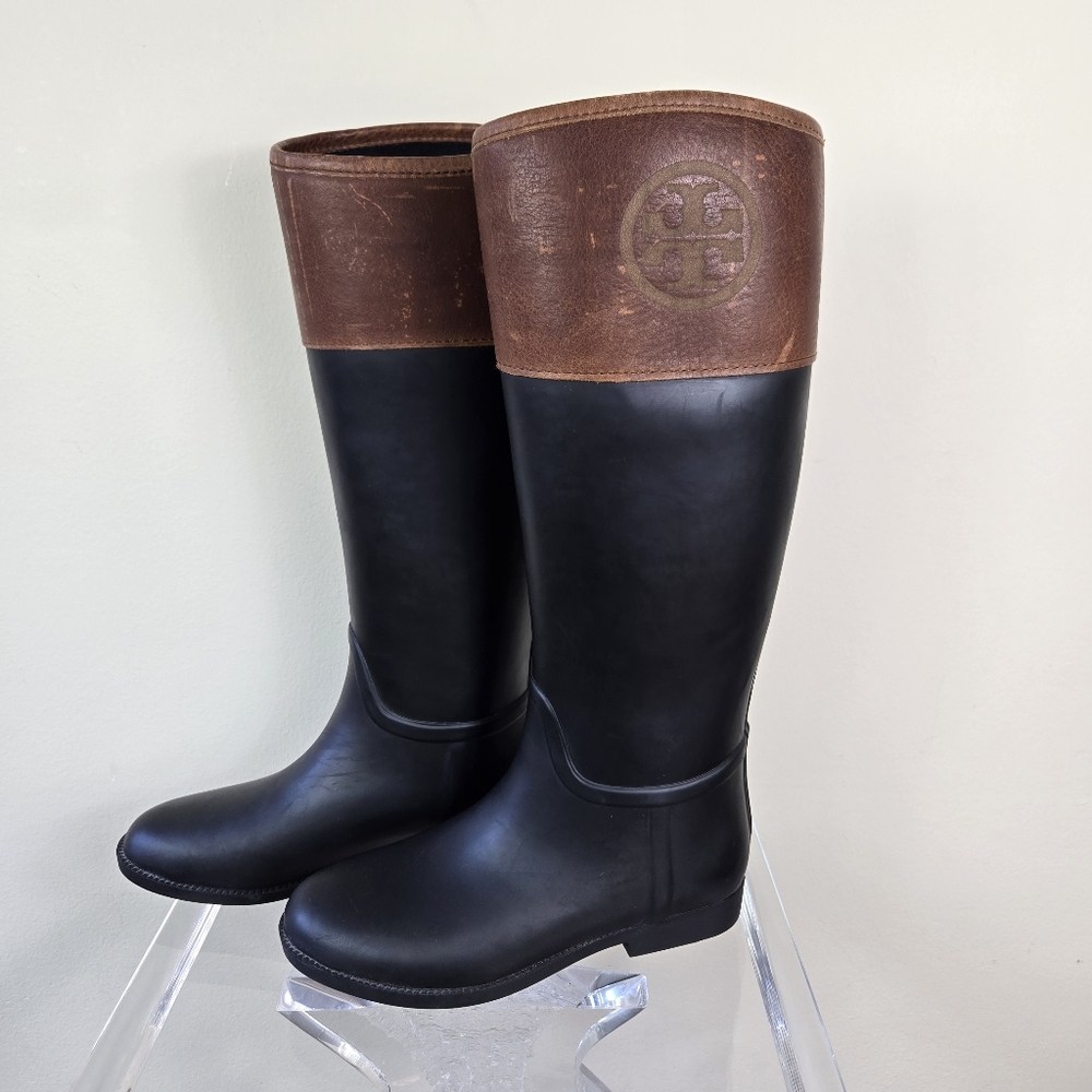 Tory Burch Rain Boots Womens Size 8 Two Tone Brown Leather Upper Tall Style